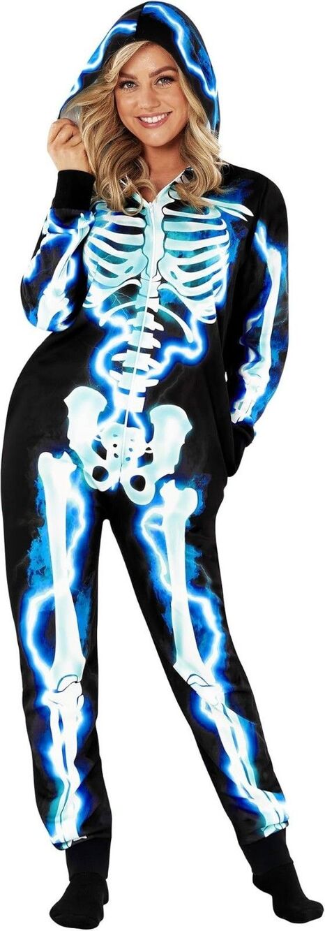 Womens Electric Skeleton Jumpsuit Ladies Blue Bone Frame Halloween Costume S